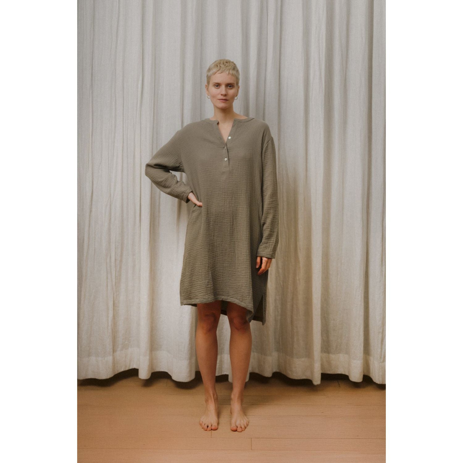 Sömn Premium Organic Gauze Cotton Long Nightshirt | Loungewear Sömn Home #color_olive